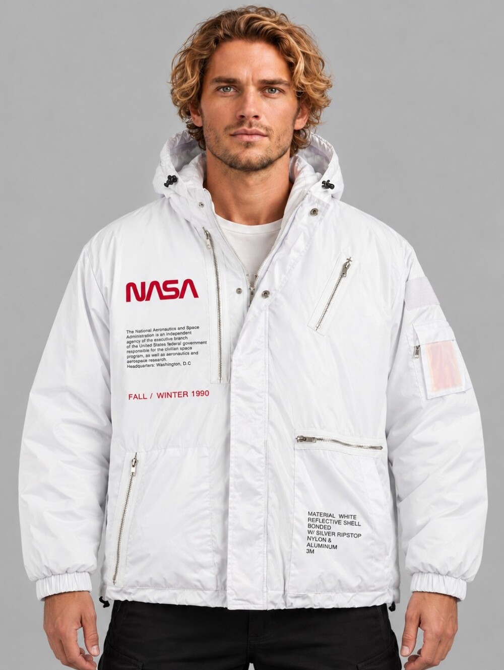 Surfola NASA Reflective Hooded Jacket White Techwear Streetwear XXL EUC